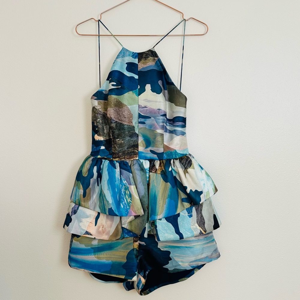 Cameo Artistic Blue Green Layered Halter Open Back Jumpsuit with Abstract Print - Picture 5 of 10